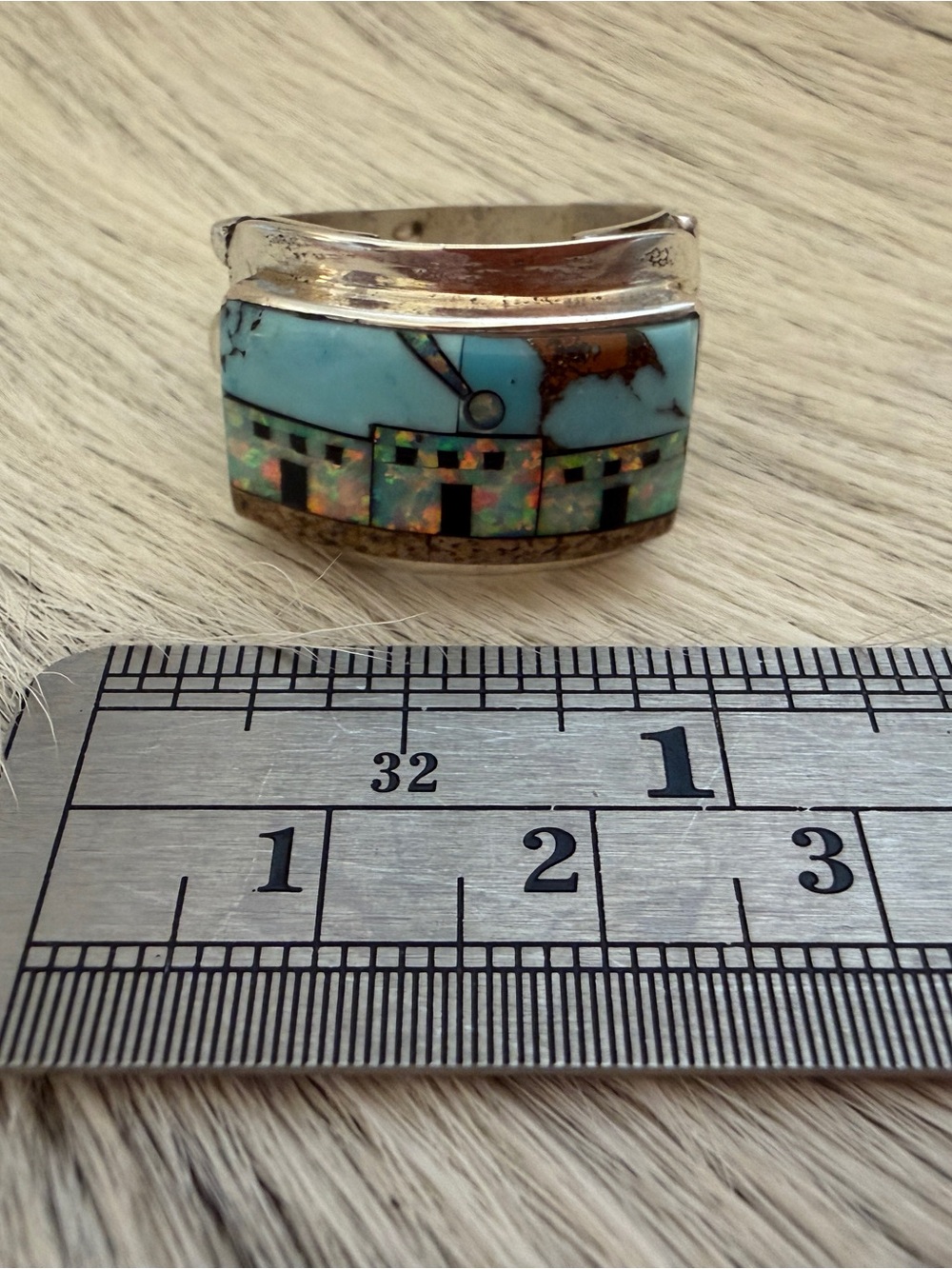 ❤️ Signed Galaxy Micro Inlaid Large Pueblo Scene Sterling Ring Sz 9 Unisex 8.7G - Picture 6 of 17